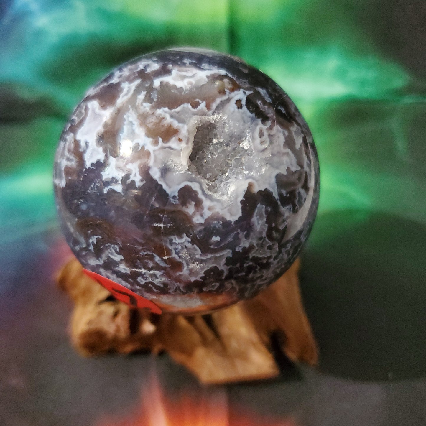 Purple druzy moss agate sphere