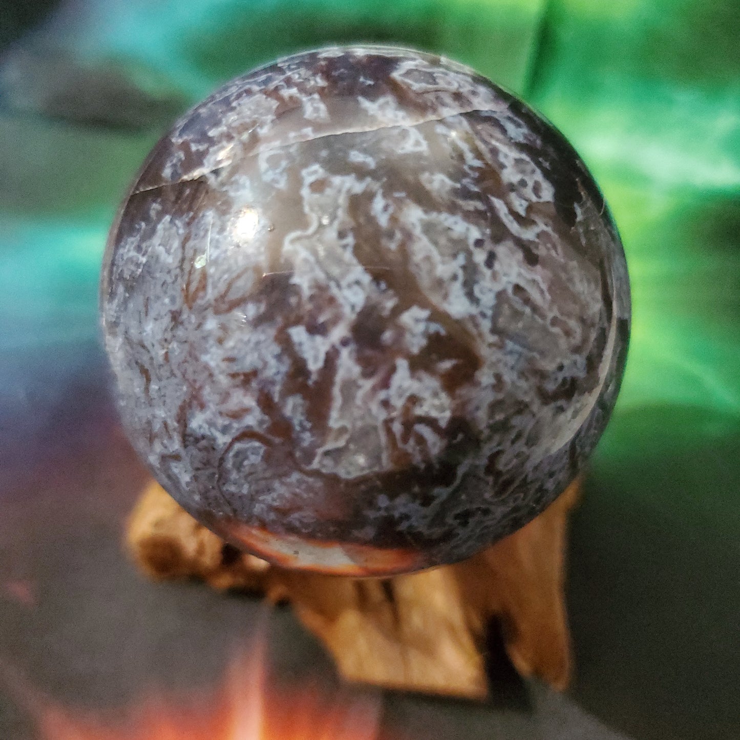 Purple druzy moss agate sphere