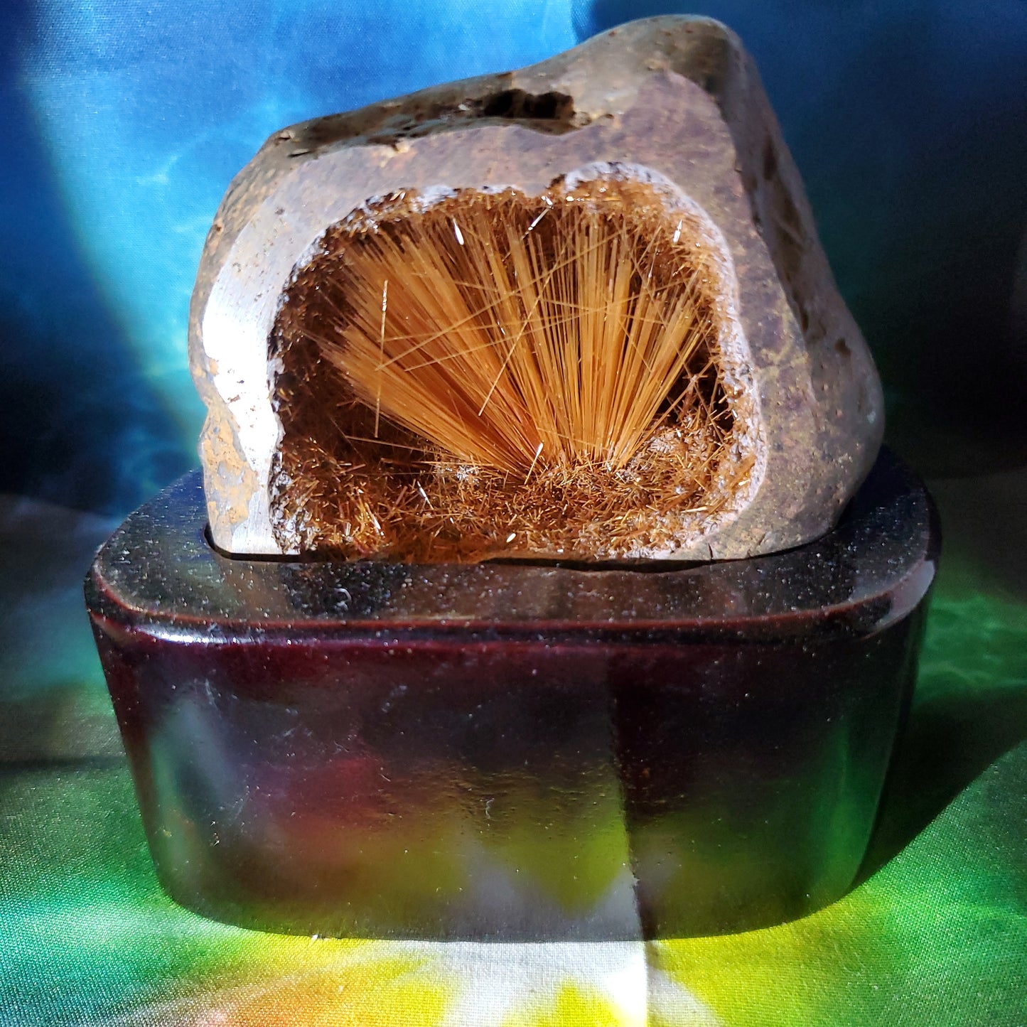 Copper rutile geod with custom stand