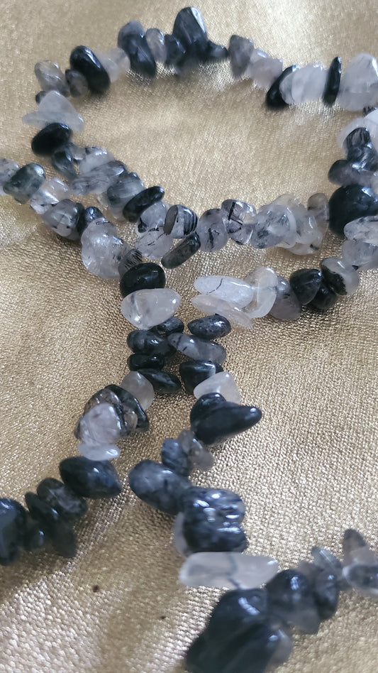 Black tourmaline rutilated quartz crystal chip bracelet