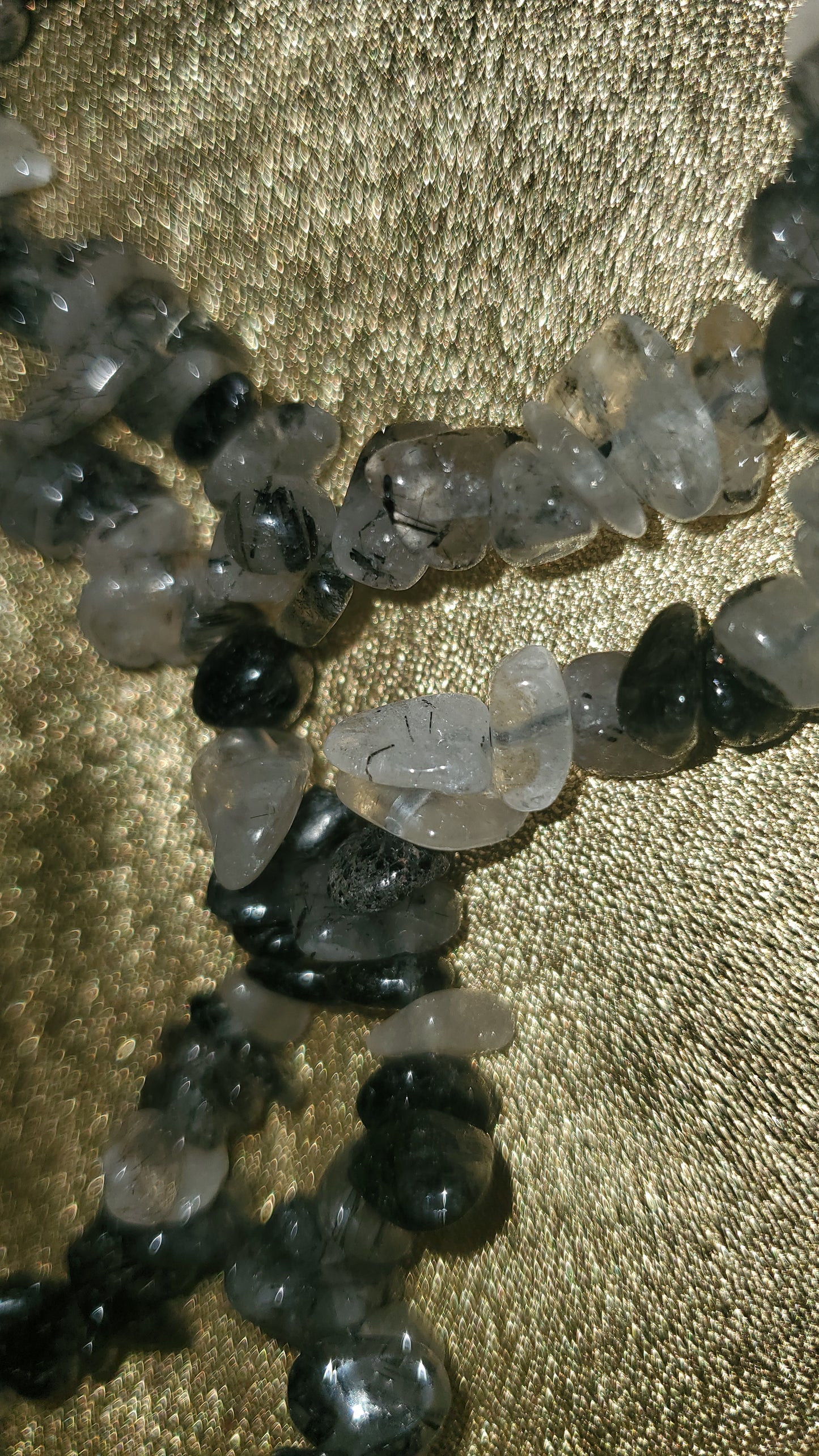 Black tourmaline rutilated quartz crystal chip bracelet