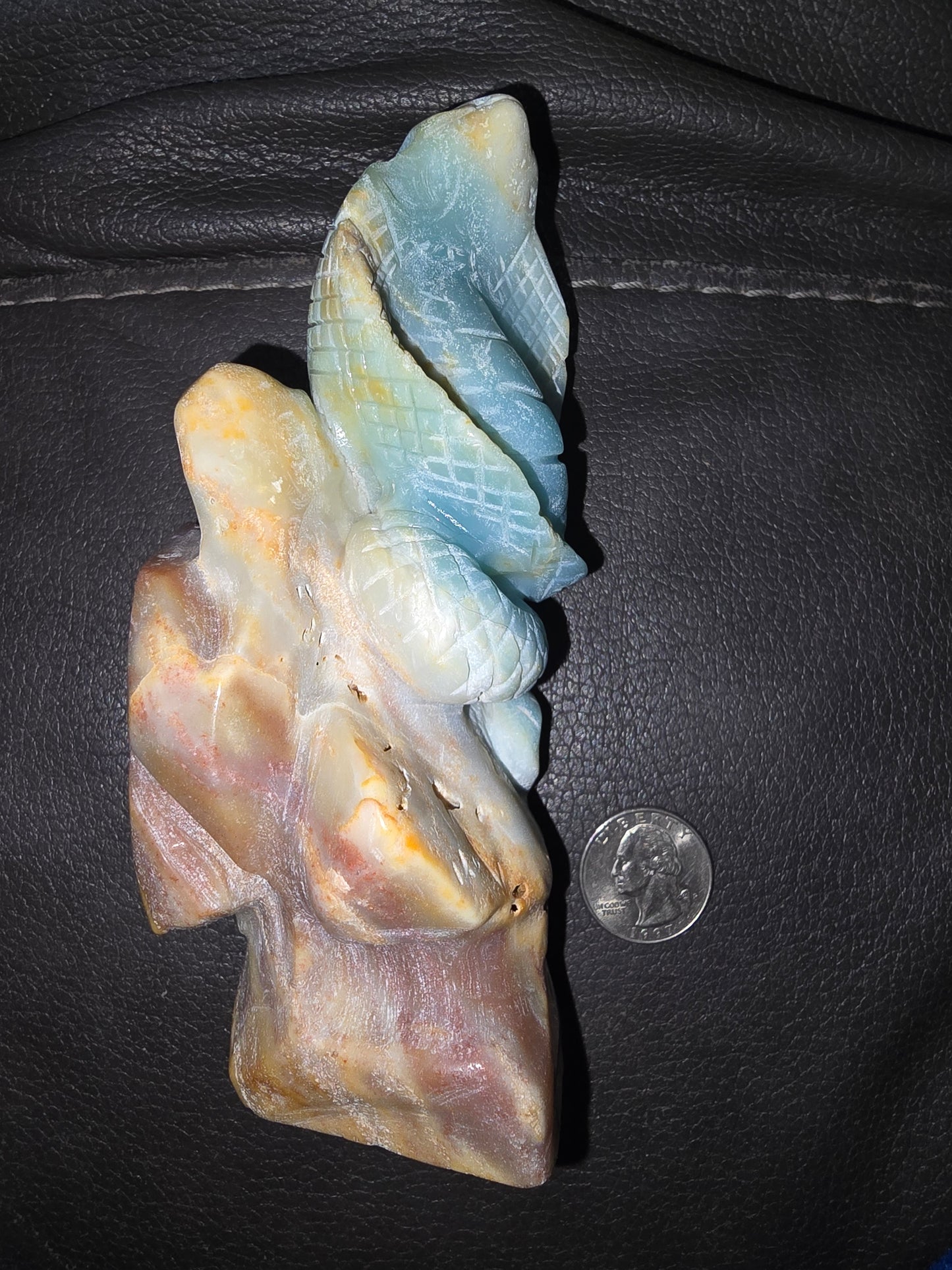 Blue Caribbean calcite crystal snake carving