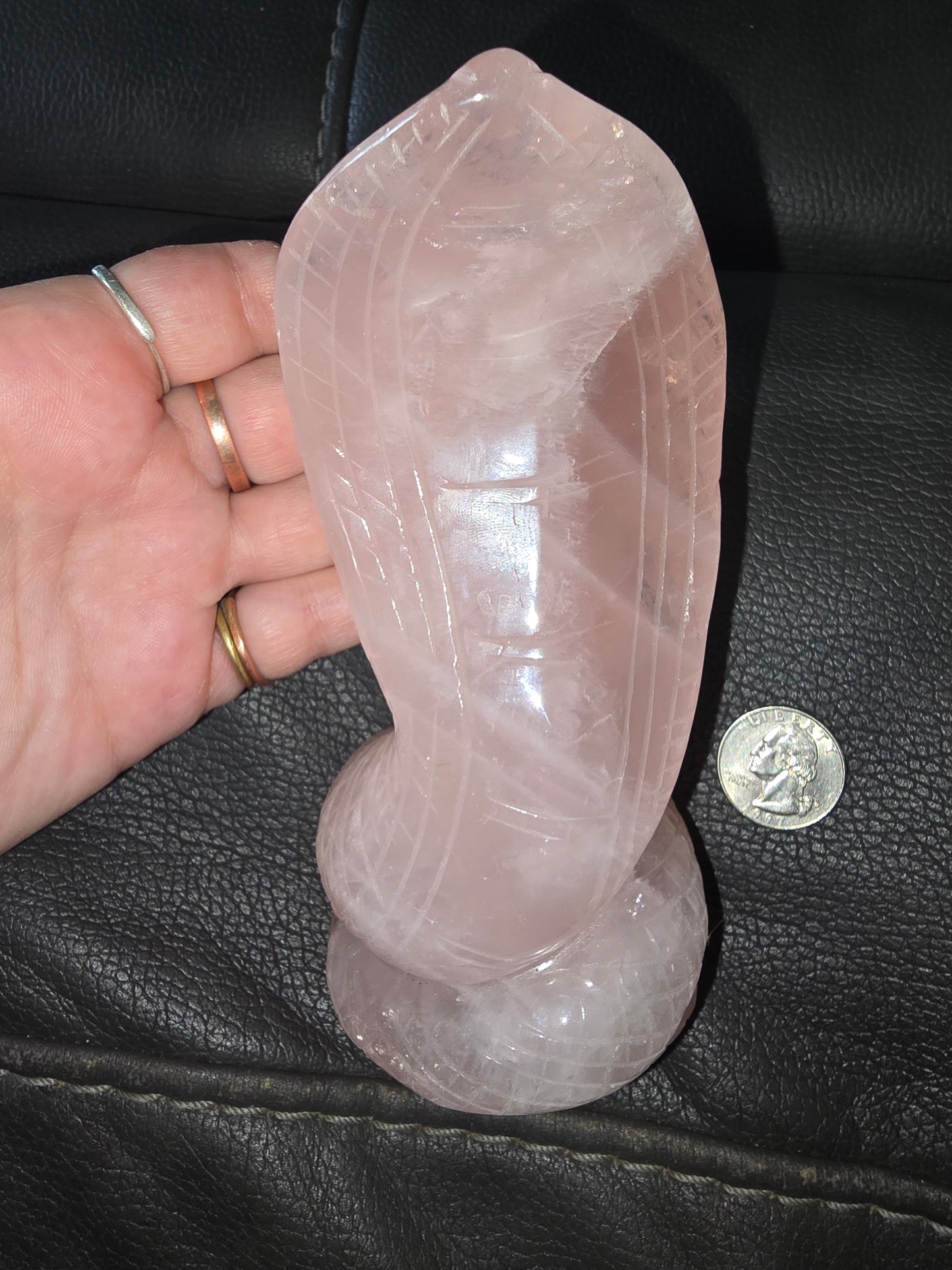 Rose quartz cobra snake carving