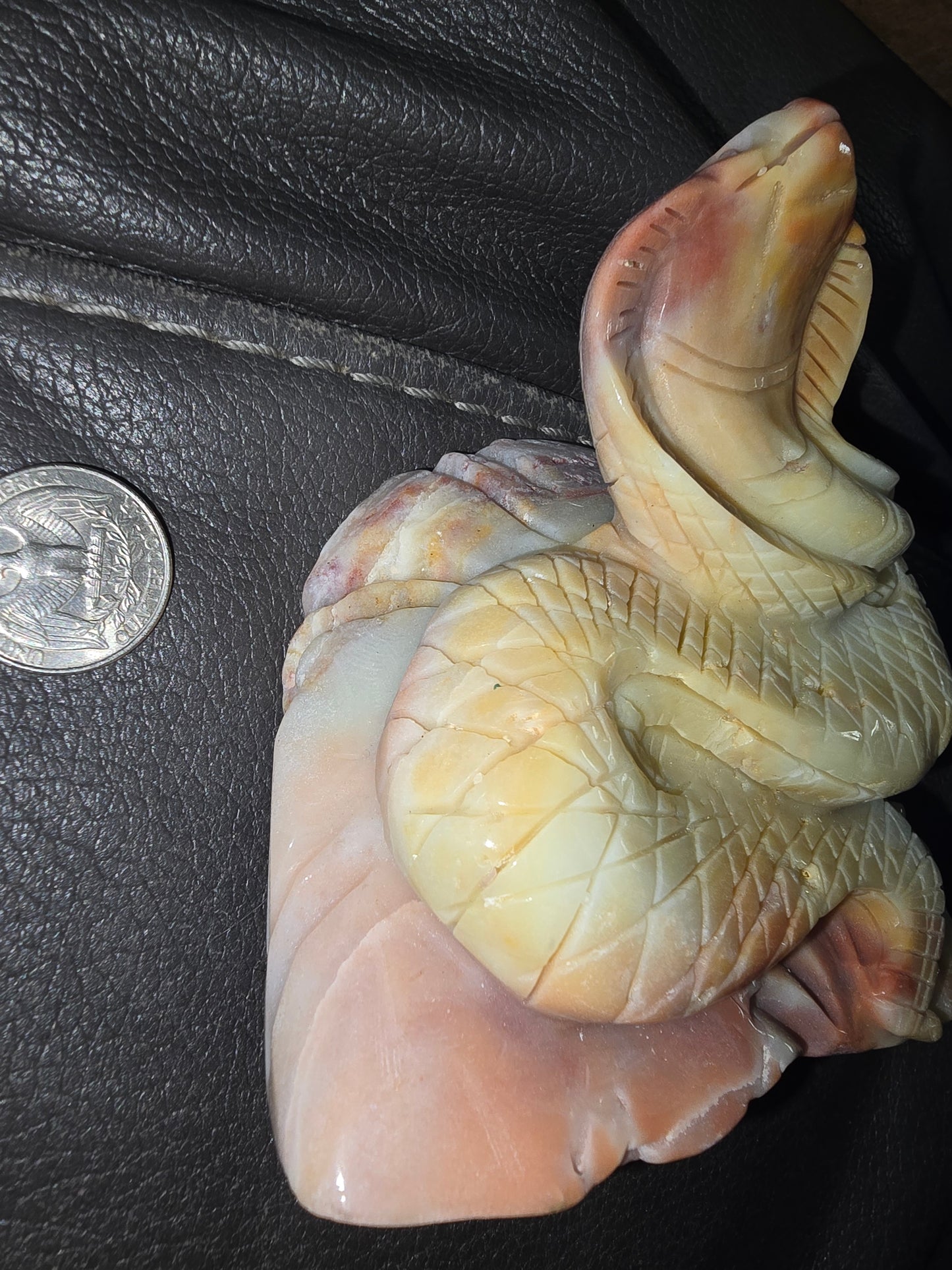 Caribbean calcite pink cobra snake crystal carving