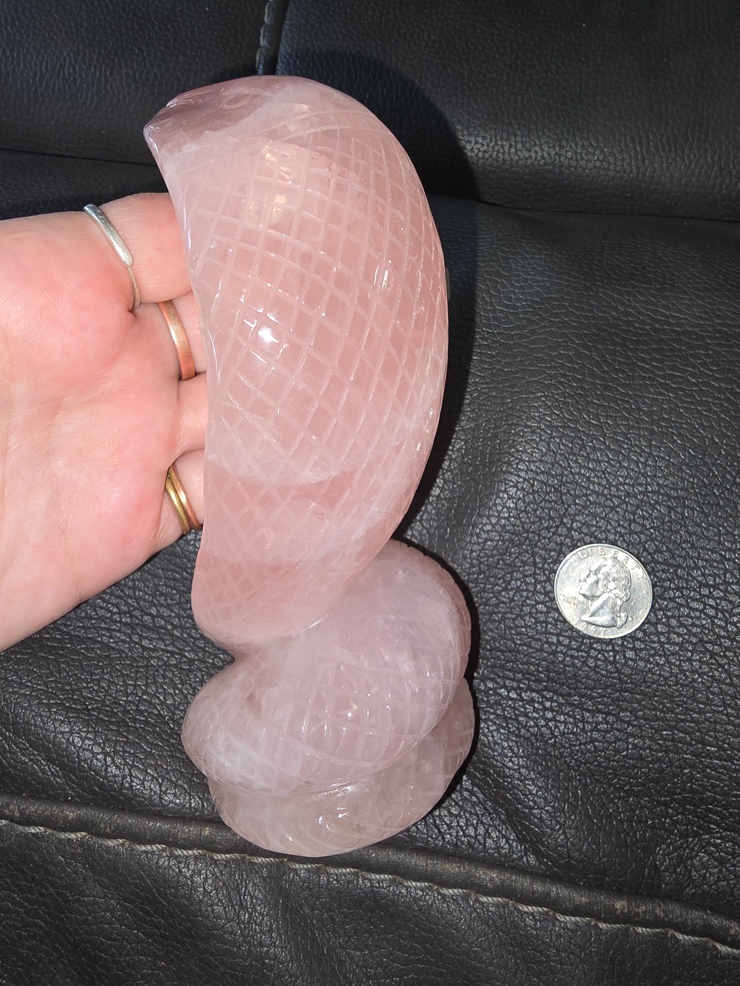 Rose quartz cobra snake carving