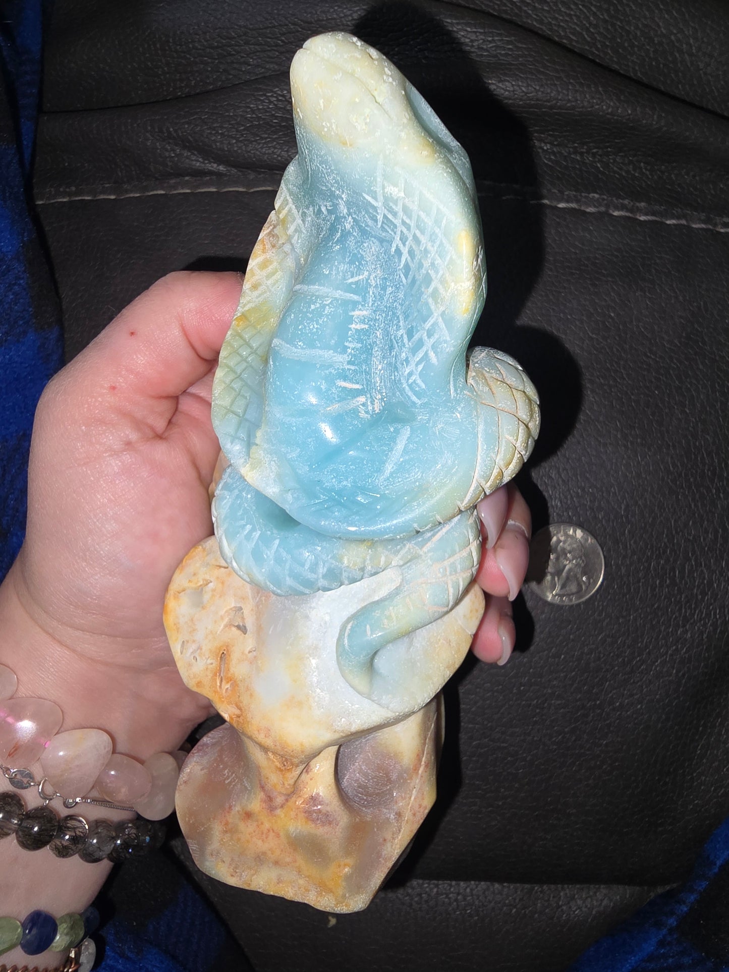 Blue Caribbean calcite crystal snake carving