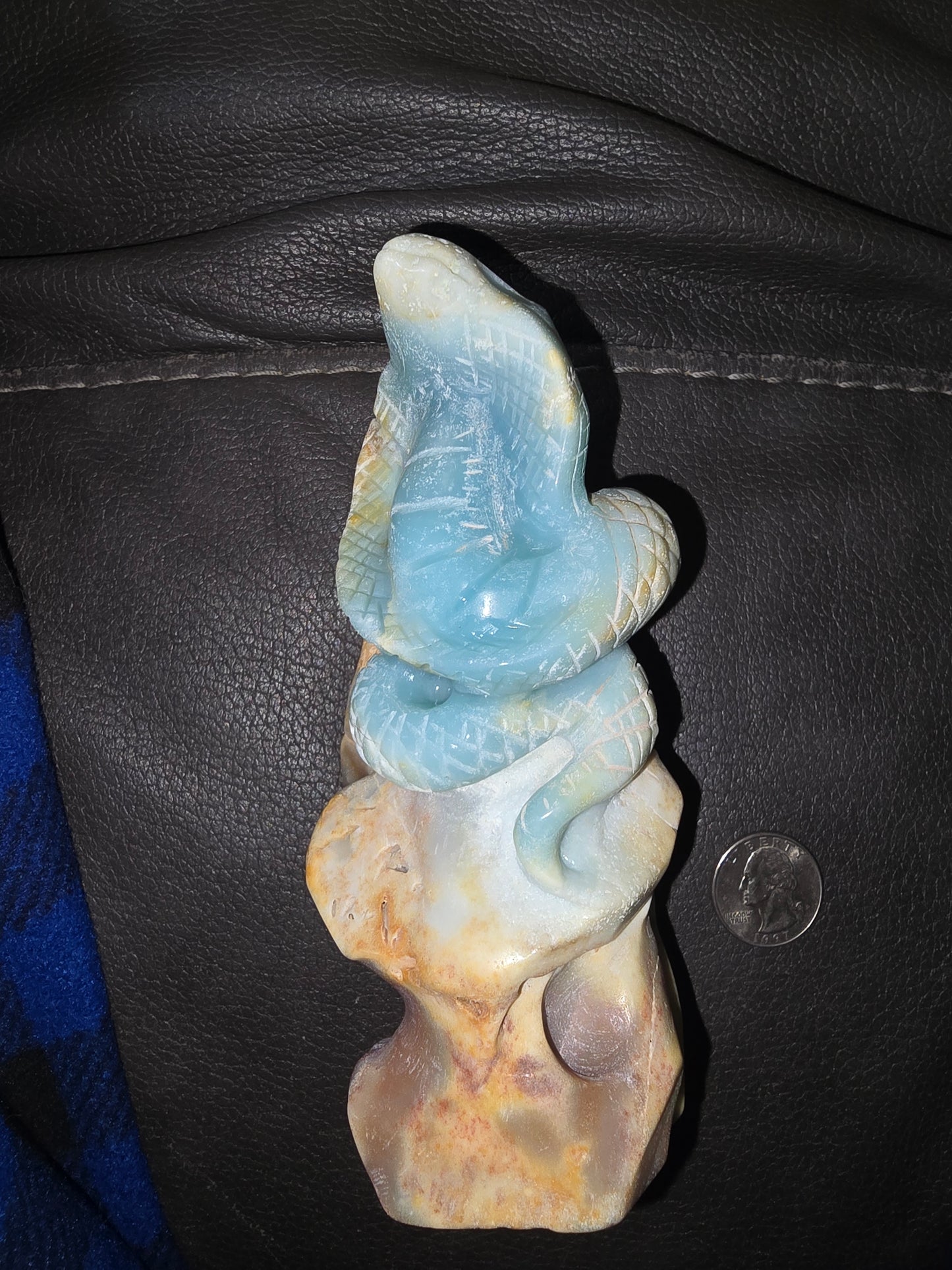Blue Caribbean calcite crystal snake carving
