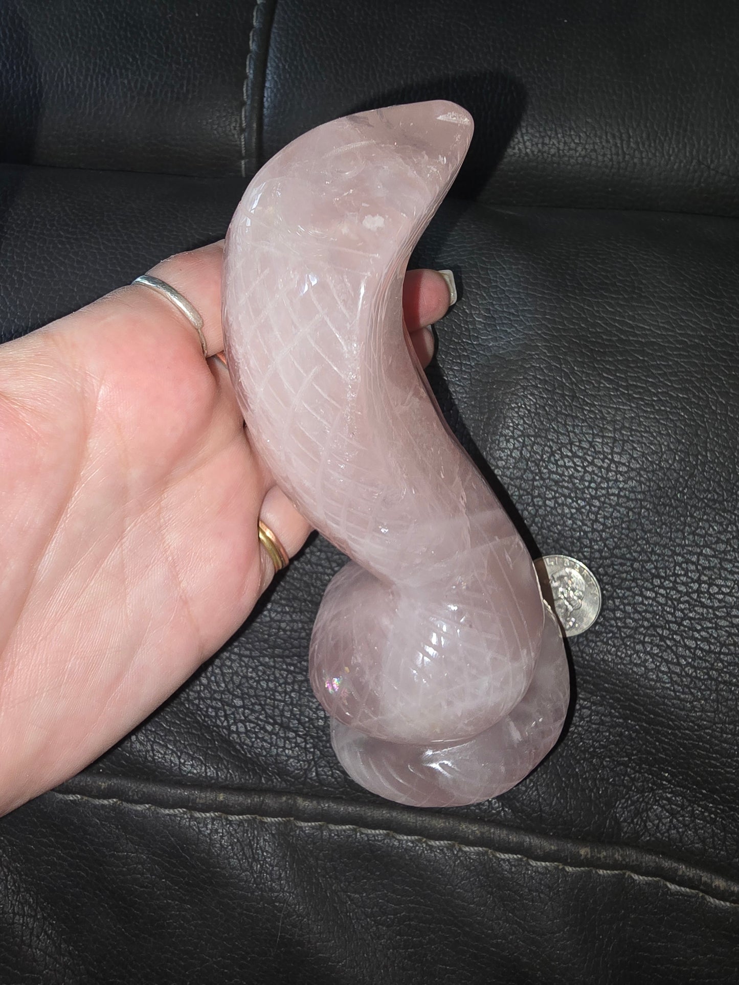 Rose quartz cobra snake carving