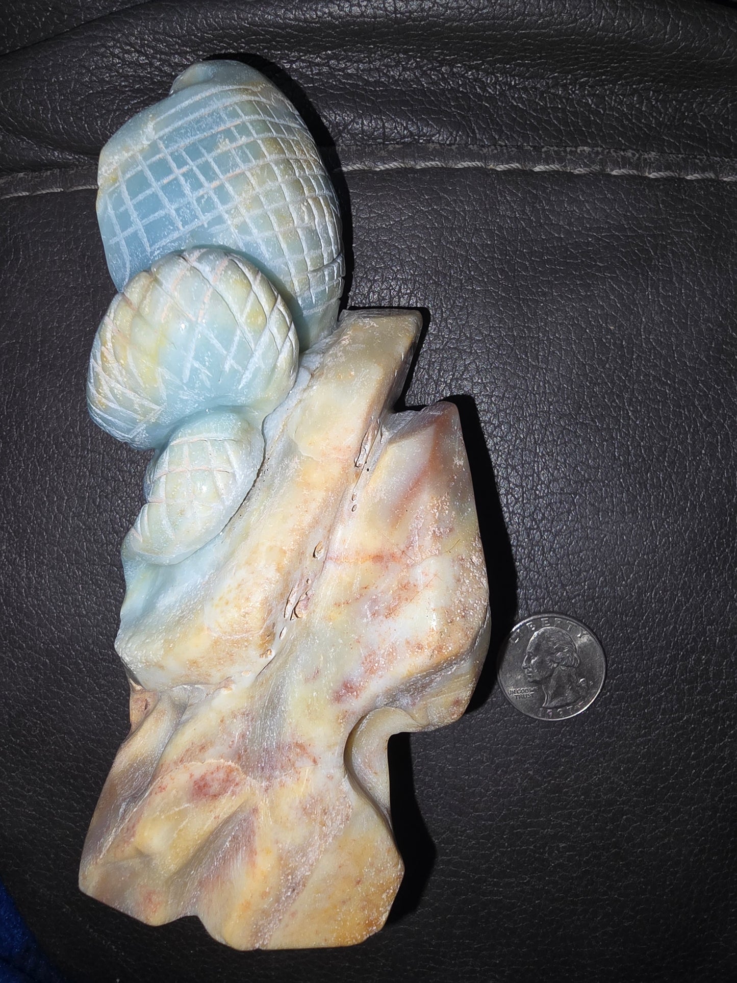 Blue Caribbean calcite crystal snake carving
